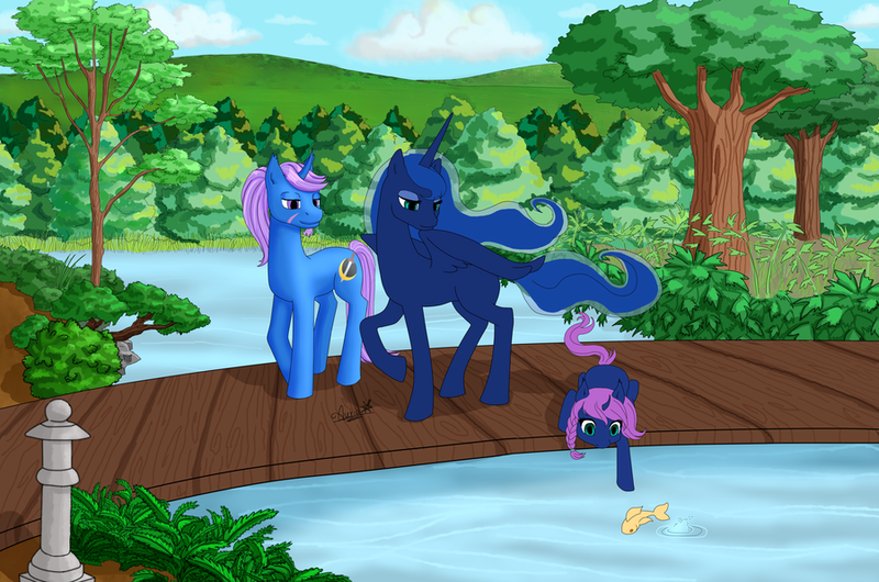 Size: 900x596 | Tagged: safe, artist:auriaslayer, derpibooru import, princess luna, oc, oc:azure night, oc:seline, fish, azuna, bridge, canon x oc, family, father and daughter, incomplete, mother and daughter, offspring, parent:oc:azure night, parent:princess luna, parents:azuna, parents:canon x oc, wip