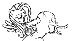 Size: 900x503 | Tagged: semi-grimdark, artist:metropony, derpibooru import, fluttershy, pegasus, pony, bloodsucker, crossover, female, mare, monochrome, neck snap, s.t.a.l.k.e.r.