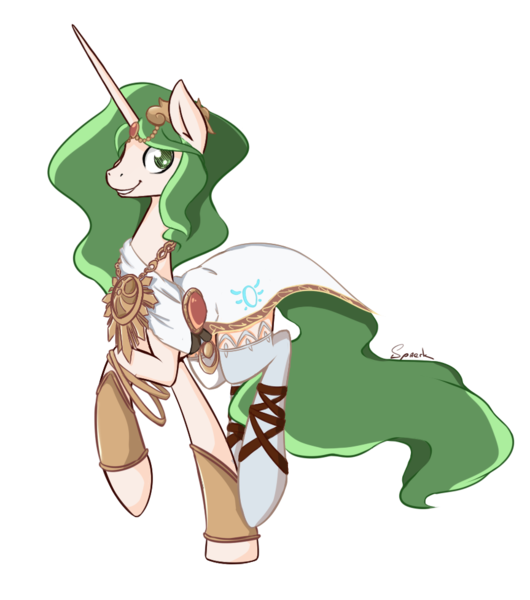 Size: 863x977 | Tagged: safe, artist:spaerk, derpibooru import, ponified, pony, unicorn, clothes, dress, female, grin, jewelry, kid icarus, looking at you, mare, mlpgdraws, palutena, raised hoof, raised leg, simple background, smiling, sock, solo, transparent background, vector