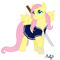 Size: 1064x1060 | Tagged: artist:dippywerewolf, babydoll (sucker punch), clothes, crossover, fluttershy, katana, safe, solo, sucker punch, sword, weapon