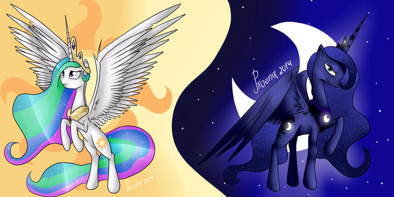 Size: 3464x1732 | Tagged: safe, artist:pxoenix2014, derpibooru import, princess celestia, princess luna, alicorn, pony, female, flying, mare, moon, one hoof raised, spread wings, sun, wings