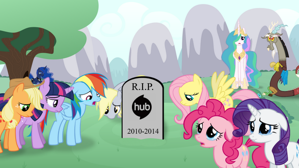 Size: 600x337 | Tagged: safe, derpibooru import, applejack, derpy hooves, discord, fluttershy, pinkie pie, princess celestia, princess luna, rainbow dash, rarity, twilight sparkle, pegasus, pony, equestria daily, female, grave, gravestone, heartbreak, hub drama, hub network, hubble, it's happening, mane six, mare, rest in peace, sad, the end, the hub