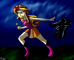 Size: 4325x3500 | Tagged: safe, artist:drizziedoodles, derpibooru import, sunset shimmer, equestria girls, rainbow rocks, clothes, humanized, jacket, leather jacket, microphone, now you fucked up, scene interpretation, solo, the coats are off