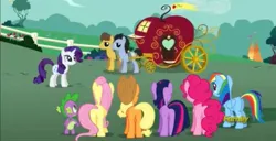 Size: 1136x580 | Tagged: safe, derpibooru import, screencap, applejack, fluttershy, pinkie pie, rainbow dash, rarity, spike, twilight sparkle, dragon, earth pony, pegasus, pony, unicorn, the best night ever, apple carriage, blurry, carriage, discovery family logo, female, horses doing horse things, male, mane seven, mane six, mare, plot, stallion