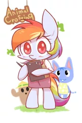 Size: 800x1200 | Tagged: safe, artist:joycall6, derpibooru import, rainbow dash, pony, semi-anthro, animal crossing, bipedal, blushing, clipboard, clothes, crossover, female, mare, simple background, solo, white background, wingless