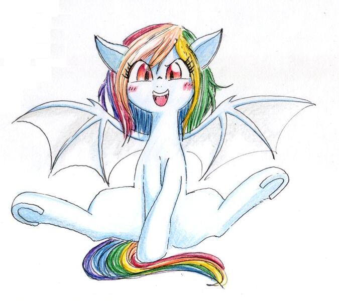 Size: 900x800 | Tagged: dead source, safe, artist:unousaya, derpibooru import, rainbow dash, bat pony, pony, bat ponified, cute, dashabetes, female, mare, open mouth, rainbowbat, simple background, solo, traditional art, underhoof, white background