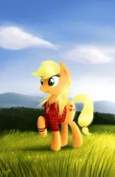 Size: 943x1450 | Tagged: alternate hairstyle, applejack, artist:theflyingmagpie, bracelet, clothes, derpibooru import, detailed, grass, hatless, missing accessory, necklace, plaid, raised hoof, realistic, safe, shirt, smiling, solo, windswept mane