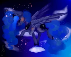 Size: 1480x1200 | Tagged: safe, artist:saoiirse, derpibooru import, princess luna, blushing, eyes closed, solo, spread wings, younger