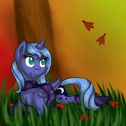 Size: 512x512 | Tagged: artist:epiclunadragon, autumn, clothes, derpibooru import, grass, leaves, princess luna, prone, s1 luna, safe, scarf, smiling, socks, solo