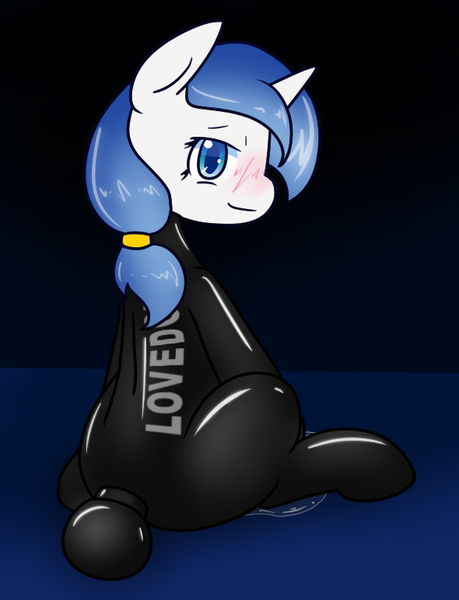 Size: 590x772 | Tagged: questionable, artist:onehiddendesire, derpibooru import, oc, oc:mystique lust, unofficial characters only, unicorn, blushing, image, latex, latex suit, living sex toy, lovedoll, png, sex doll, sitting, solo, vaginal secretions
