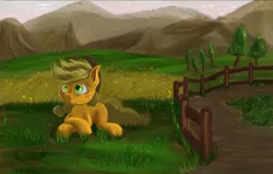 Size: 3182x2021 | Tagged: safe, artist:critzie, derpibooru import, applejack, prone, smiling, solo