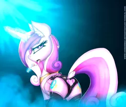 Size: 1400x1200 | Tagged: suggestive, artist:gamermac, derpibooru import, princess cadance, alicorn, pony, bedroom eyes, clothes, corset, dock, drool, drool string, female, latex, lollipop, looking at you, lovebutt, magic, mare, panties, plot, stockings, tongue out, underwear
