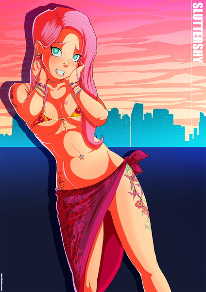 Size: 1000x1414 | Tagged: artist:shadman, bellyring, bracelet, breasts, busty fluttershy, derpibooru import, female, fluttershy, human, humanized, piercing, skyline, sluttershy, solo, solo female, suggestive, tattoo