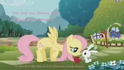 Size: 2048x1153 | Tagged: safe, derpibooru import, edit, edited screencap, screencap, angel bunny, fluttershy, princess luna, pegasus, pony, rabbit, angelshy, animal, apple, bloodhound gang, dialogue, discovery family, dream walker luna, female, food, implied sex, innuendo, lyrics, male, mare, parody, shipping, song reference, straight, the bad touch