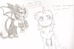 Size: 2848x1897 | Tagged: safe, artist:solratic, derpibooru import, oc, oc:light shine, oc:lilith, oc:velvet, unofficial characters only, pony, succubus, unicorn, bat wings, lilight, sketch, stalking, succupony, traditional art