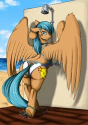 Size: 869x1233 | Tagged: suggestive, artist:longinius, derpibooru import, oc, oc:star dancer, unofficial characters only, pegasus, pony, semi-anthro, series:rarity's secret, anklet, beach, bipedal, clothes, dock, female, looking at you, looking back, one-piece swimsuit, open-back swimsuit, plot, shower, solo, solo female, swimsuit, underhoof, wedgie, wet mane