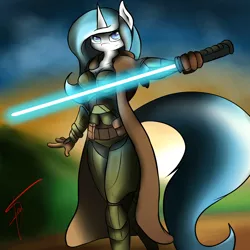 Size: 3000x3000 | Tagged: safe, artist:jamesjackobgermany, derpibooru import, oc, oc:bubble lee, unofficial characters only, anthro, unicorn, anthro oc, cleavage, female, freckles, jedi, lightsaber, solo, star wars