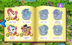 Size: 1280x800 | Tagged: betty bouffant, cloudy quartz, cookie crumbles, derpibooru import, gameloft, igneous rock pie, limestone pie, marble pie, maud pie, pie family, ponyville, safe, the ponytones, toe-tapper, torch song