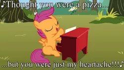 Size: 1280x720 | Tagged: emo, image macro, meme, music, piano, pizza, safe, scootaloo, solo, the whitest kids u know, trent reznor, whitest kids you know