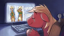 Size: 3600x2020 | Tagged: safe, artist:gsphere, derpibooru import, big macintosh, trenderhoof, earth pony, pony, body pillow, computer, eyes closed, gay, male, shipping, sleeping, sleeping macintosh daily, smiling, stallion, trendermac, tumblr