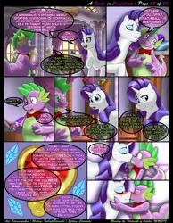 Size: 1165x1500 | Tagged: safe, artist:kitsuneyoukai, derpibooru import, rarity, spike, comic:a spike in confidence, blushing, bowtie, comic, confession, courtship, dialogue, explicit source, eyes closed, female, fire ruby, interior, kissing, looking back, love, male, plot, rarity's bedroom, shipping, sparity, straight, talking