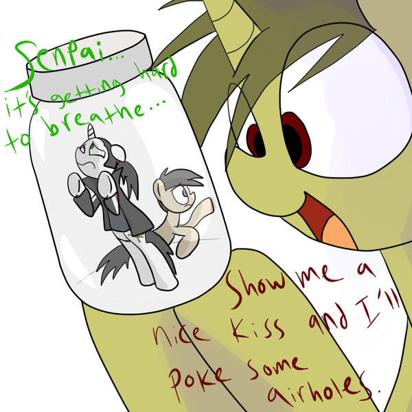 Size: 800x800 | Tagged: semi-grimdark, artist:datte-before-dawn, derpibooru import, oc, oc:dattepone, oc:whatsapony, unofficial characters only, pony, giant pony, giant unicorn, jar, macro, micro, senpai, tiny ponies