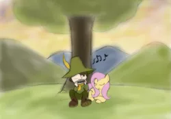 Size: 975x680 | Tagged: safe, artist:enma-darei, derpibooru import, fluttershy, pegasus, pony, crossover, duo, harmonica, moomins, music notes, musical instrument, snufkin, the moomins, tree