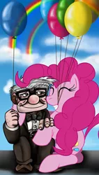 Size: 568x1000 | Tagged: artist:jamescorck, balloon, carl fredricksen, cloud, cloudy, crossover, derpibooru import, human, pinkie pie, rainbow, safe, up