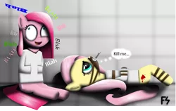 Size: 4870x3078 | Tagged: alternate cutie mark, artist:facelesssoles, asylum, derpibooru import, fluttershed, fluttershy, gag, insanity, .mov, muffled moaning, muzzle, pinkamena diane pie, pinkie pie, safe, shed.mov, straitjacket, tape gag