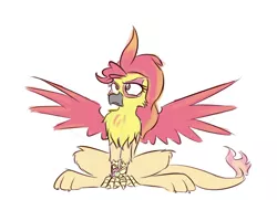 Size: 900x650 | Tagged: safe, artist:heir-of-rick, derpibooru import, fluttershy, sunset shimmer, gryphon, mouse, fluttermouse, griffonized, mousified, my little griffon, simple background, sitting, solo, species swap, white background