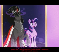 Size: 2500x2212 | Tagged: artist:thepurpah, beauty and the beast, derpibooru import, eyes on the prize, female, king sombra, library, male, open mouth, safe, shipping, smiling, straight, twibra, twilight sparkle, wide eyes