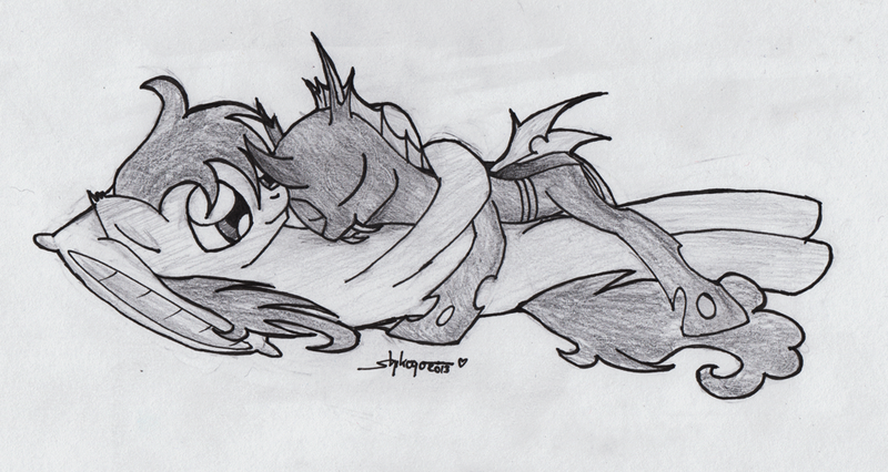 Size: 1000x533 | Tagged: artist:shikogo, changeling, changeling x pony, cuddling, cute, derpibooru import, hug, monochrome, oc, oc x oc, safe, shipping, snuggling, unofficial characters only