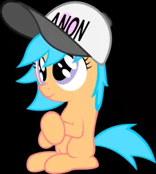 Size: 1352x1500 | Tagged: source needed, safe, artist:anonymous, derpibooru import, oc, oc:little league, unofficial characters only, earth pony, pony, /mlp/, 4chan, blank flank, female, filly, hat, heart, solo