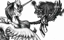 Size: 1280x800 | Tagged: artist:ryuulight, blood, crying, derpibooru import, fangs, fight, floppy ears, flying, frown, grayscale, growling, magic, monochrome, nightmare moon, open mouth, princess celestia, scratches, semi-grimdark