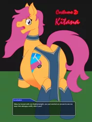 Size: 960x1280 | Tagged: artist:slimeyjenkins, ask the scootattorney, behind, belly, clothes, costume, derpibooru import, kitana, mortal kombat, pregnant, safe, scootaloo