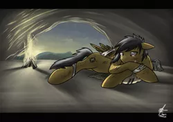 Size: 1279x901 | Tagged: artist:slawomiro, bandage, bandaid, bruised, cave, crying, daring do, derpibooru import, fire, floppy ears, injured, prone, sad, safe, solo, tomb raider