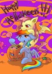 Size: 2480x3507 | Tagged: artist:yuzhou, candy, derpibooru import, engrish, floppy ears, flutterbat, fluttershy, halloween, nightmare night, pixiv, rainbow dash, safe