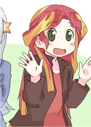 Size: 368x511 | Tagged: safe, artist:gyaheung, derpibooru import, sunset shimmer, human, equestria girls, blushing, cropped, cute, happy, humanized, looking at you, nichijou, open mouth, shimmerbetes, smiling, solo focus, waving