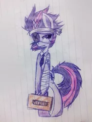 Size: 720x960 | Tagged: safe, artist:wafflemilu, derpibooru import, twilight sparkle, pony, unicorn, bandage, bipedal, briefcase, eyepatch, future twilight, lined paper, necktie, solo, standing, traditional art