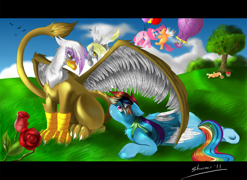 Size: 1754x1275 | Tagged: safe, artist:shnider, derpibooru import, applejack, derpy hooves, gilda, pinkie pie, rainbow dash, scootaloo, twilight sparkle, bird, gryphon, pegasus, pony, apple, apple tree, applejack's hat, balloon, claws, cloud, cowboy hat, female, flower, flying, folded wings, goggles, goggles on head, hat, hot air balloon, image, jpeg, looking at each other, looking down, looking up, lying down, mail, mare, mouth hold, open mouth, open smile, outdoors, rose, sitting, sleeping, smiling, spread wings, talons, tree, two toned wings, wings