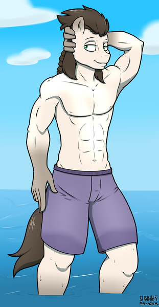 Size: 994x1920 | Tagged: abs, anthro, armpits, artist:strangerdanger, bare chest, clothes, commission, derpibooru import, male, oc, oc:forged steel, solo, solo male, suggestive, swimsuit, topless, unofficial characters only