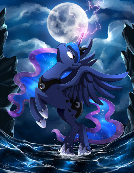 Size: 856x1105 | Tagged: safe, artist:ruhje, derpibooru import, princess luna, alicorn, pony, female, glowing eyes, lightning, magic, mare, moon, night, rearing, solo