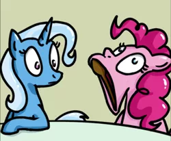 Size: 339x280 | Tagged: safe, artist:foudubulbe, derpibooru import, pinkie pie, trixie, pony, comic:damp rocks, cropped, derp, faic, floppy ears, frown, hilarious in hindsight, open mouth, silly, silly pony, spoon, wat, wide eyes, wooden spoon