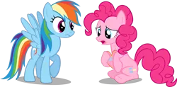 Size: 2815x1389 | Tagged: safe, artist:zacatron94, derpibooru import, pinkie pie, rainbow dash, earth pony, pegasus, pony, confession, crush, female, frown, heart, holding, holding a heart, lesbian, open mouth, pinkiedash, present, raised hoof, shipping, simple background, sitting, transparent background, vector, worried