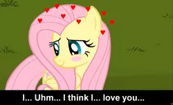 Size: 1600x973 | Tagged: safe, derpibooru import, fluttershy, pegasus, pony, blushing, bronybait, caption, cs captions, female, heart, looking away, love, mare, shy, smiling, solo