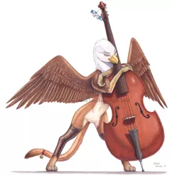 Size: 1024x1057 | Tagged: suggestive, artist:baron engel, derpibooru import, vinyl scratch, oc, oc:golden bill, unofficial characters only, gryphon, bell, clothes, double bass, featureless crotch, female, griffon oc, musical instrument, pencil drawing, solo, solo female, stockings, tail wrap, toy, traditional art