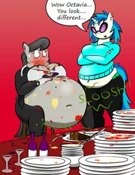 Size: 1280x1660 | Tagged: anthro, anthroquestria, artist:americananomaly, bbw, belly, belly button, big belly, breasts, busty octavia, busty vinyl scratch, chubby, cleavage, derpibooru import, fat, fatavia, female, food, full, messy, messy eating, muffin top, obese, octavia melody, slob, slobtavia, stomach noise, stuffed, suggestive, tight clothing, vinyl fat, vinyl scratch