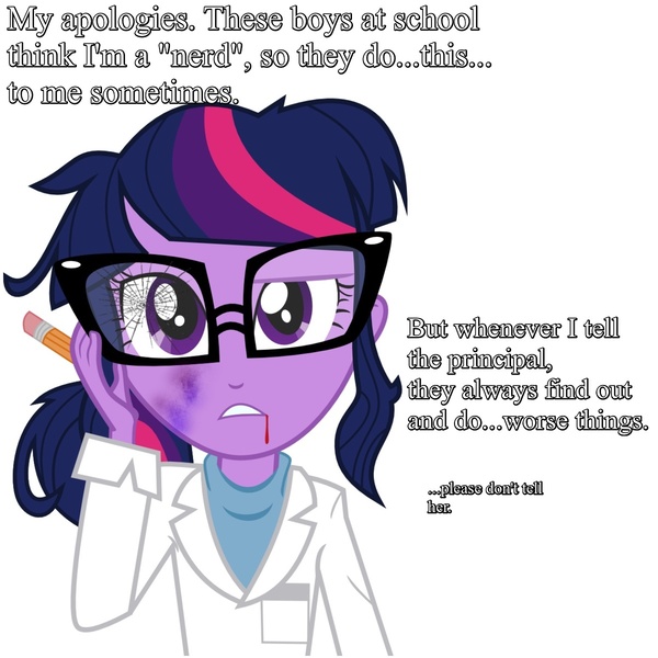 Size: 1200x1200 | Tagged: grimdark, derpibooru import, sci-twi, twilight sparkle, equestria girls, rainbow rocks, abuse, blood, broken glasses, bruised, bullying, harsher in hindsight, implied rape, nerd, photoshop, solo, twilybuse