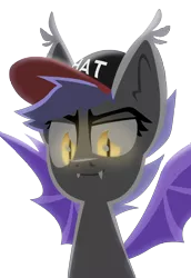 Size: 2578x3750 | Tagged: safe, artist:zvn, derpibooru import, oc, unofficial characters only, bat pony, pony, bat pony oc, bat wings, cap, fangs, female, hat, lineless, mare, simple background, solo, spread wings, transparent background, wings