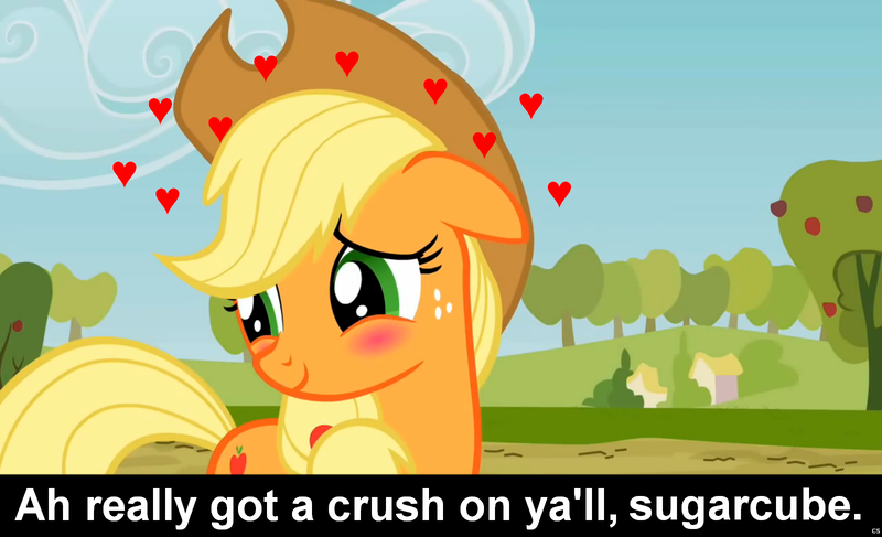 Size: 1600x973 | Tagged: safe, derpibooru import, edit, edited screencap, screencap, applejack, earth pony, pony, blushing, bronybait, caption, cowboy hat, cs captions, female, floppy ears, freckles, hat, heart, looking away, love, mare, shy, solo